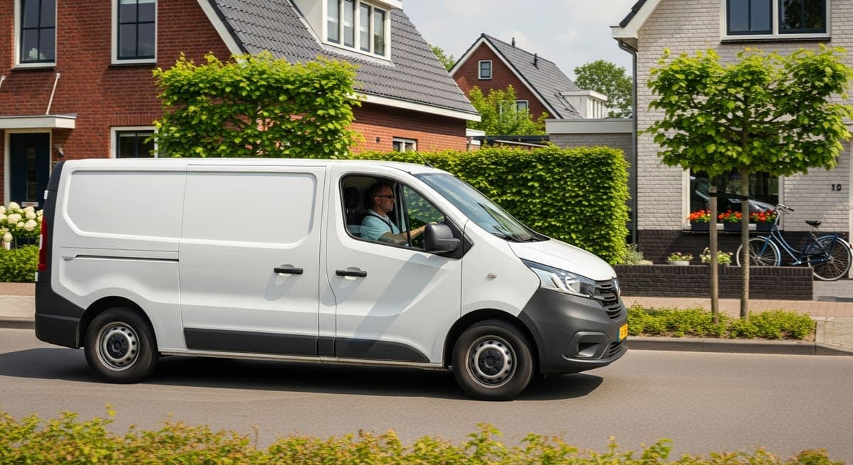Witte bestelbus van Spullenvervoeren.nl rijdt door een Nederlandse straat