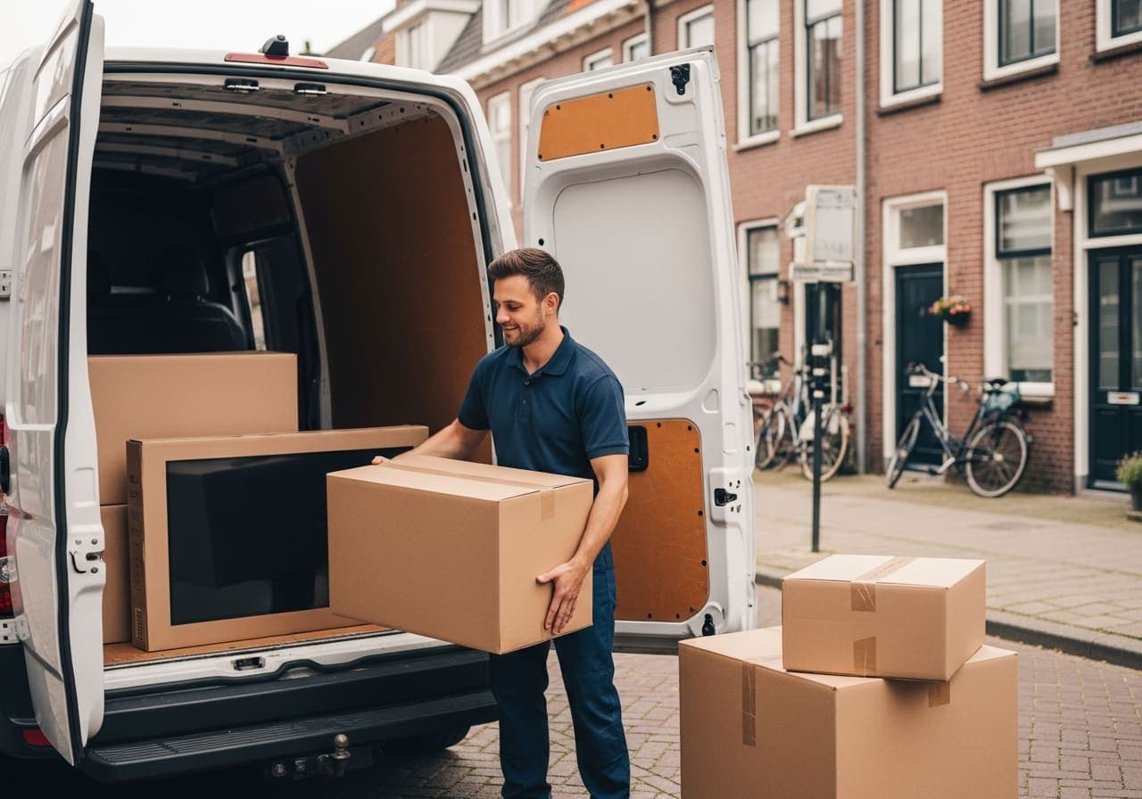 Chauffeur van Spullenvervoeren.nl laadt een grote doos en een tv in de bestelbus in een Nederlandse woonstraat